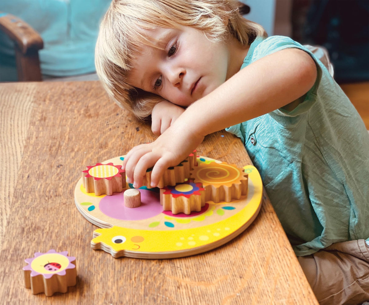 Tender Leaf Toys - Snail Whirls - 6 Removable Flowers Gears, Playset for Toddlers and Kids - Wooden Stacking, Multi-Color Flower Garden Beds