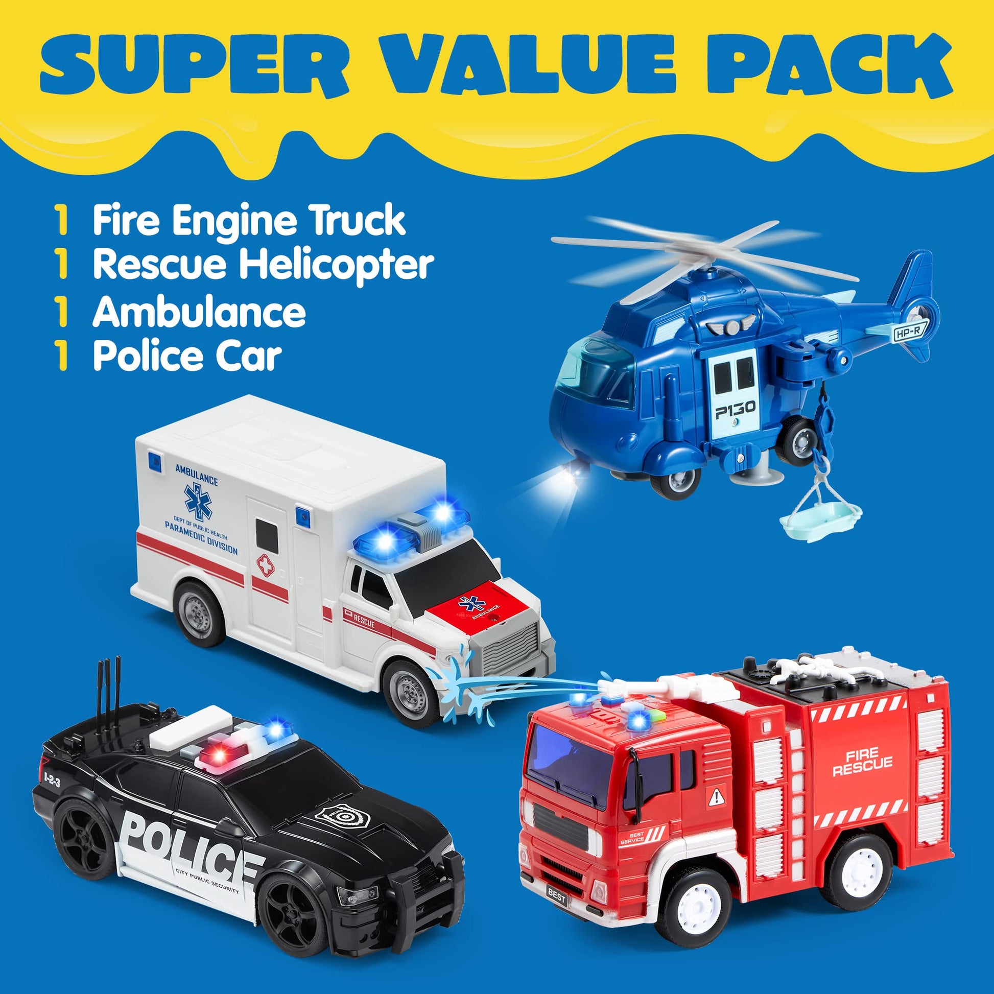 JOYIN 4 Packs Emergency Vehicle Toy Playsets, Friction Powered Vehicles with Light and Sound, Including Fire Truck, Ambulance, Play Police Car