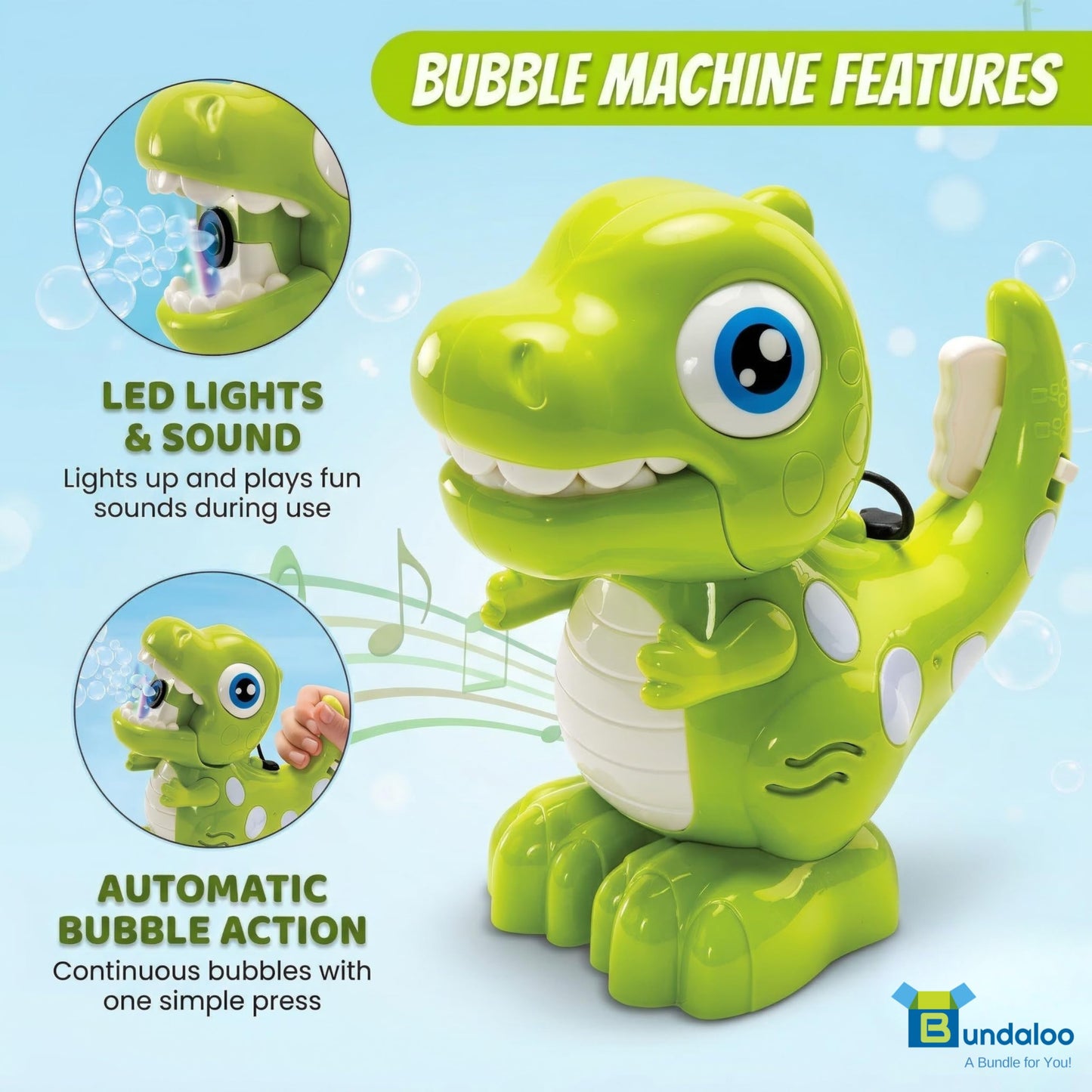 Bundaloo Dino Bubble Blower for Kids, Automatic Bubble Machine with Lights & Sounds, Includes 2 Bottles of Bubble Solution & Funnel, Fun Dinosaur