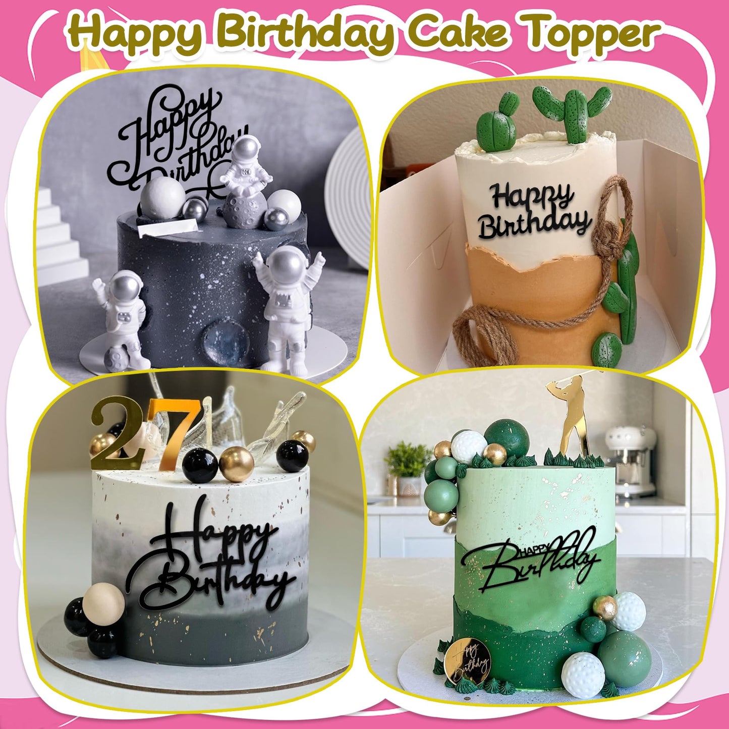 10 PCS Silver Happy Birthday Acrylic Cake Toppers Mirrored Side Cake Decorations Inserts 10 Styles (Black)