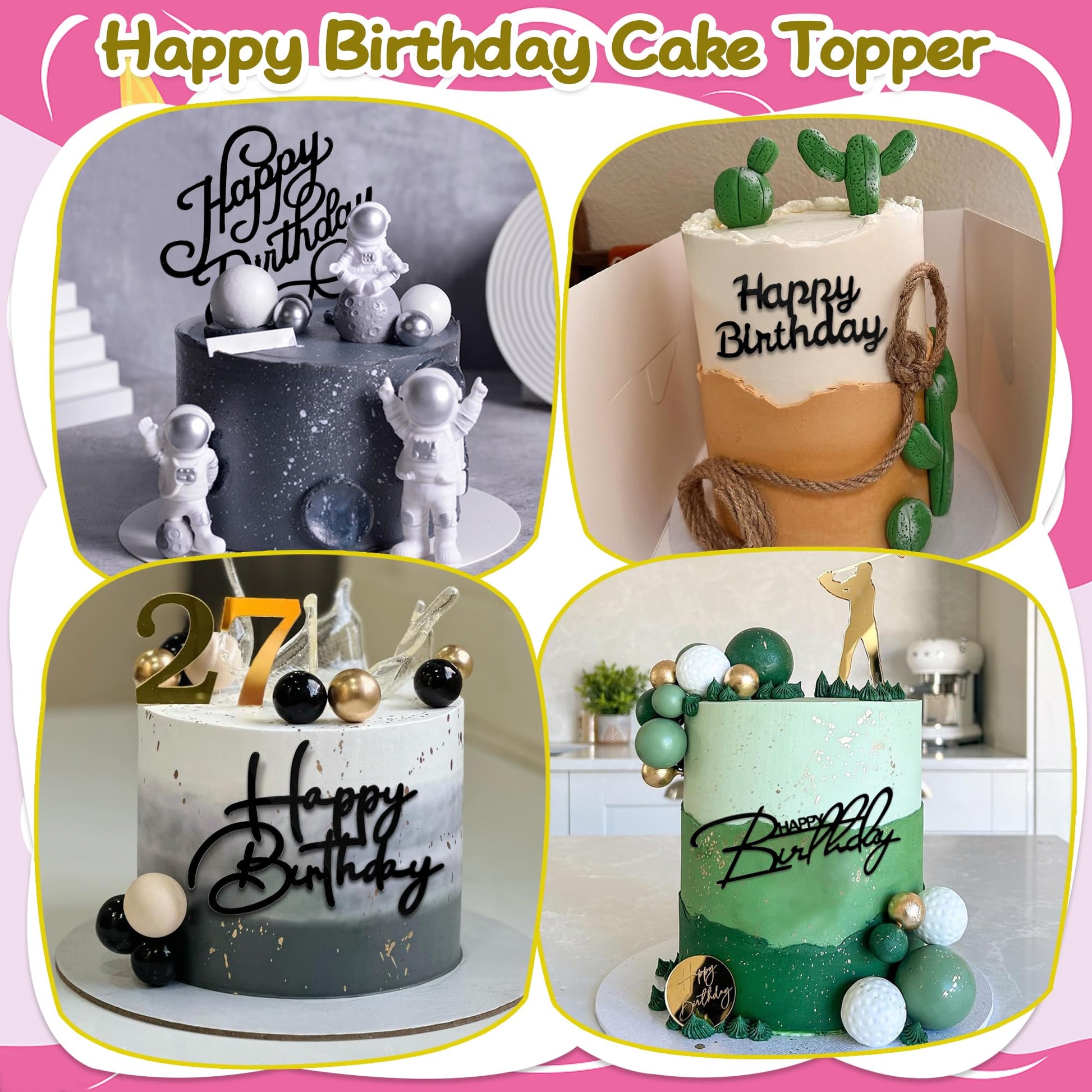 10 PCS Silver Happy Birthday Acrylic Cake Toppers Mirrored Side Cake Decorations Inserts 10 Styles (Black)