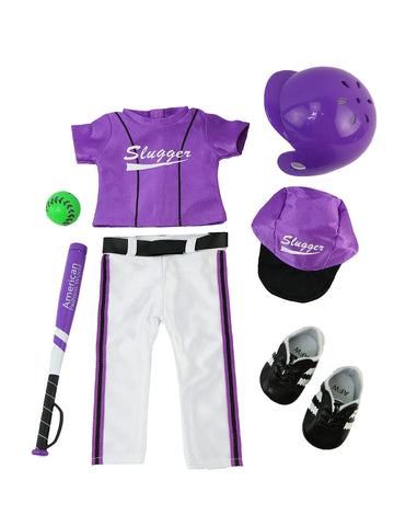 Purple Baseball Uniform Outfit 7pc for 18-Inch Dolls | Premium Quality & Trendy Design | Dolls Clothes