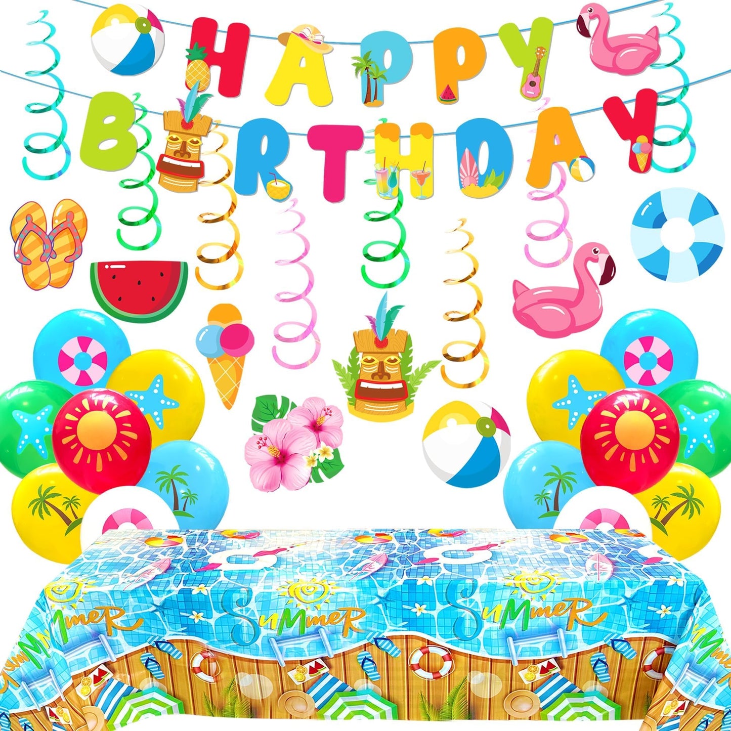 Summer Party Decotrations Pool Partys Decor Beach Theme Party Supplies Include Birthday Banner Tablecloth Balloons for Hawaiian Birthday Party