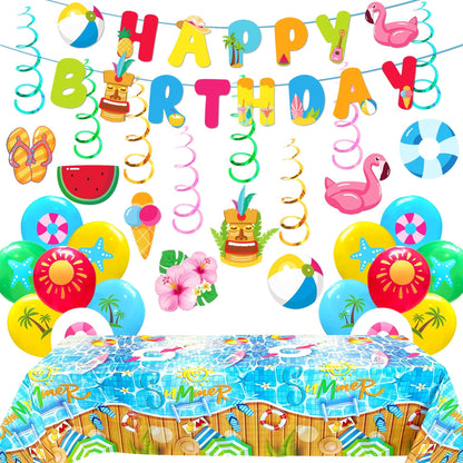 Summer Party Decotrations Pool Partys Decor Beach Theme Party Supplies Include Birthday Banner Tablecloth Balloons for Hawaiian Birthday Party
