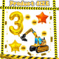 Construction Balloons, Self Standing 4D Excavator Balloon, Golden and Orange Star Balloon, Number 3 Foil Balloons for Kids 3rd Birthday Party
