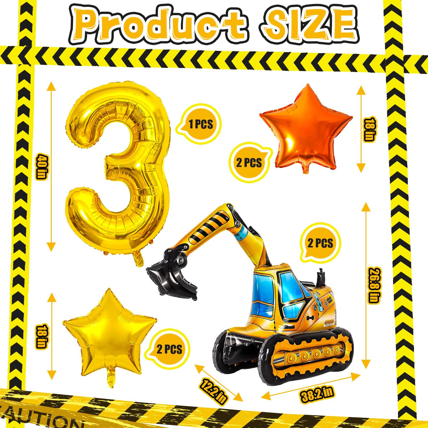 Construction Balloons, Self Standing 4D Excavator Balloon, Golden and Orange Star Balloon, Number 3 Foil Balloons for Kids 3rd Birthday Party