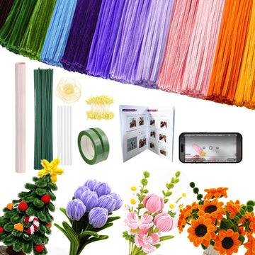 Qarrazwyi Thick Pipe Cleaners Craft Kit, 800+ Pcs Assorted Colors, Sturdy Holds-Shape DIY Flower Making Set with Step-by-Step Video Tutorials, Gifts