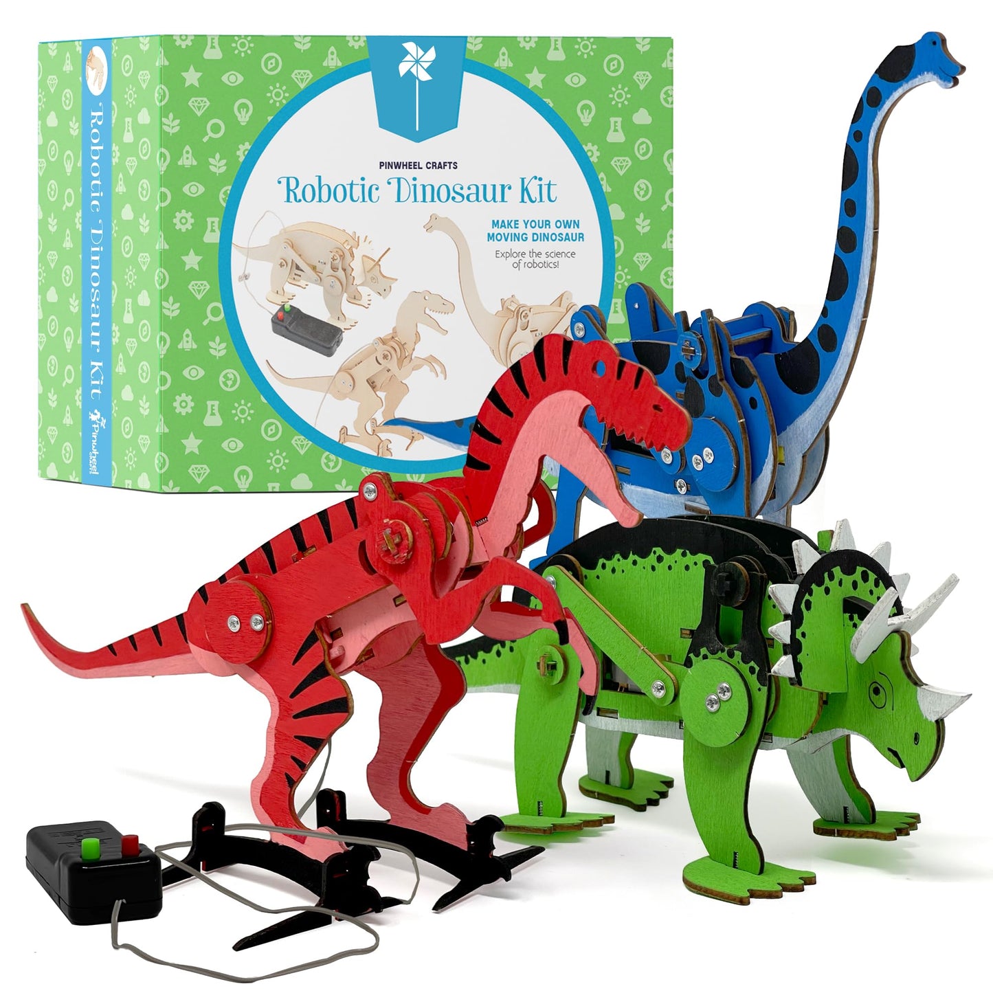 Pinwheel Crafts Robotic Dinosaur Arts & Crafts Science Kit for Kids Ages 6-12 - Wooden Dinosaur Toys with Paints - Ideal Gift for 6-Year-Old Boys