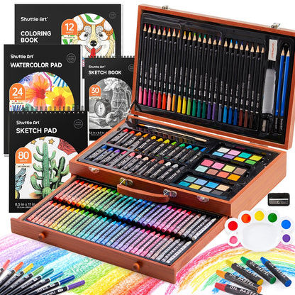 Shuttle Art 149 Piece Deluxe Art Set, Art Supplies in Wooden Case, Painting Drawing Art Kit with Crayons Colored Pencils Oil Pastels Watercolor Cakes