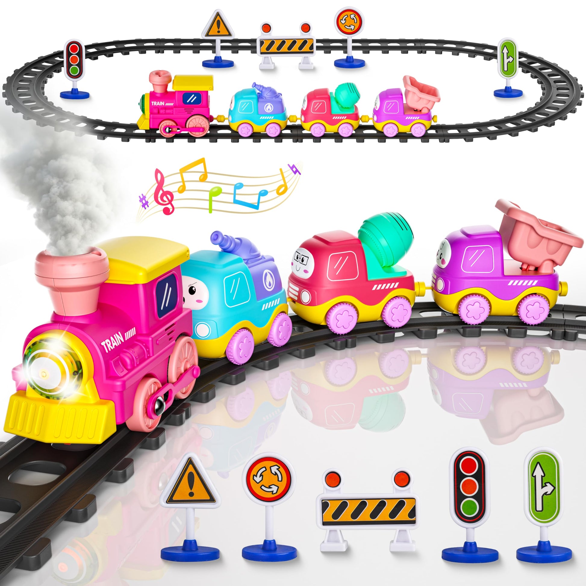 Funwee Steam Track Train Set for Toddlers, Magnetic Connection Train Toys w/Lights & Sounds, Electric Cartoon Choo Choo Train, Toy Train Christmas