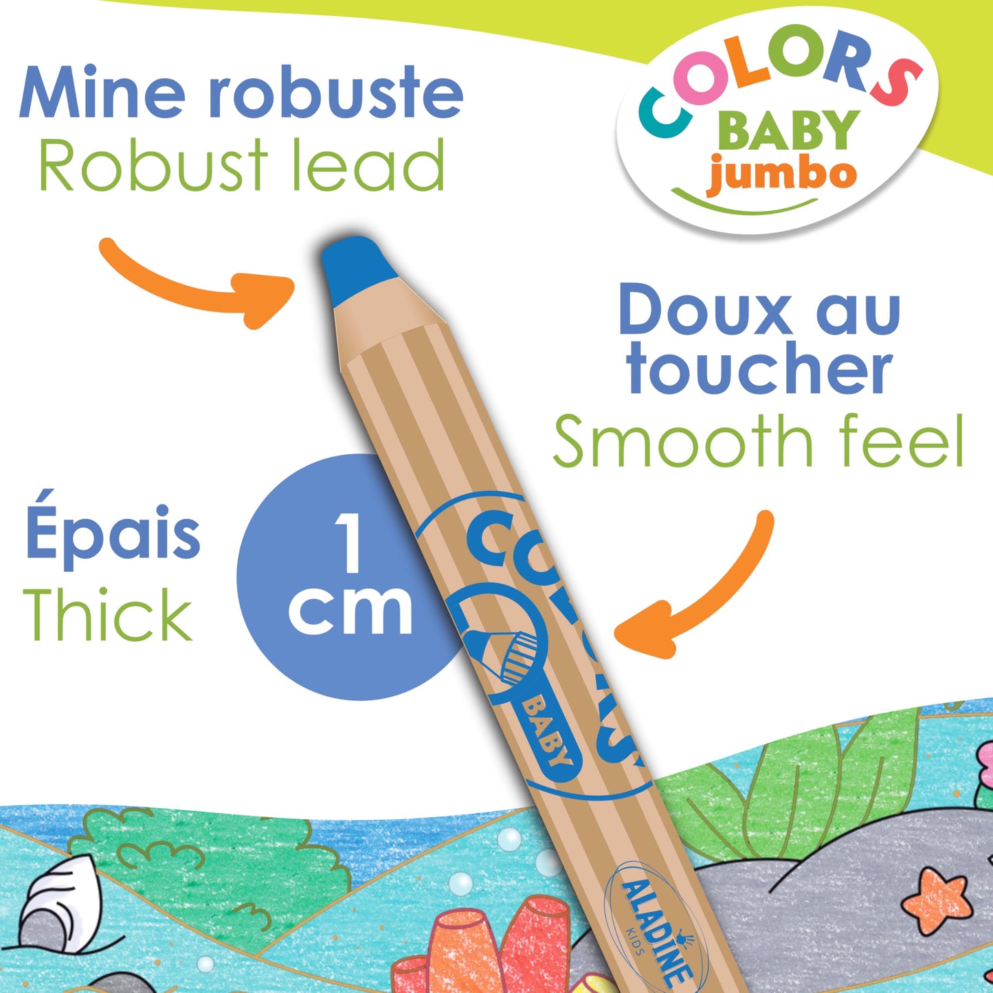 Aladine - Baby Jumbo Colors - Set of 8 Colour Pencils - Soft and Washable Trace - Easy to Handle Pencils - From 2 years old