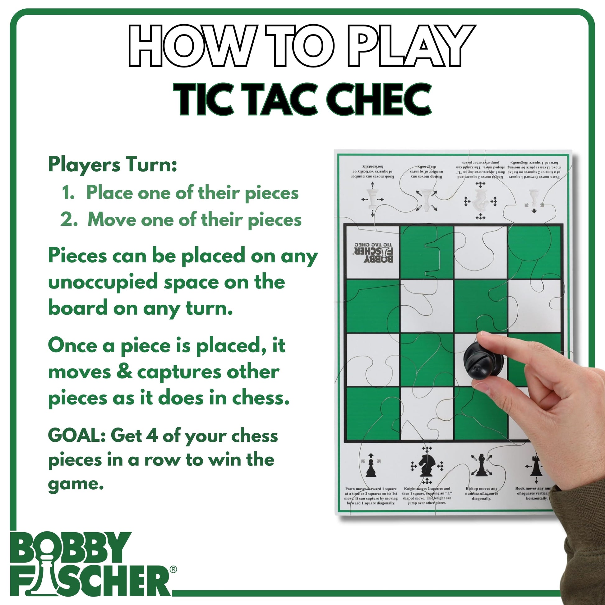 Bobby Fischer Tic Tac Chec, 2-Player Chess Strategy Game, Tic Tac Toe & Chess Combination Game, 4x4 Board with Illustrated Move Guide