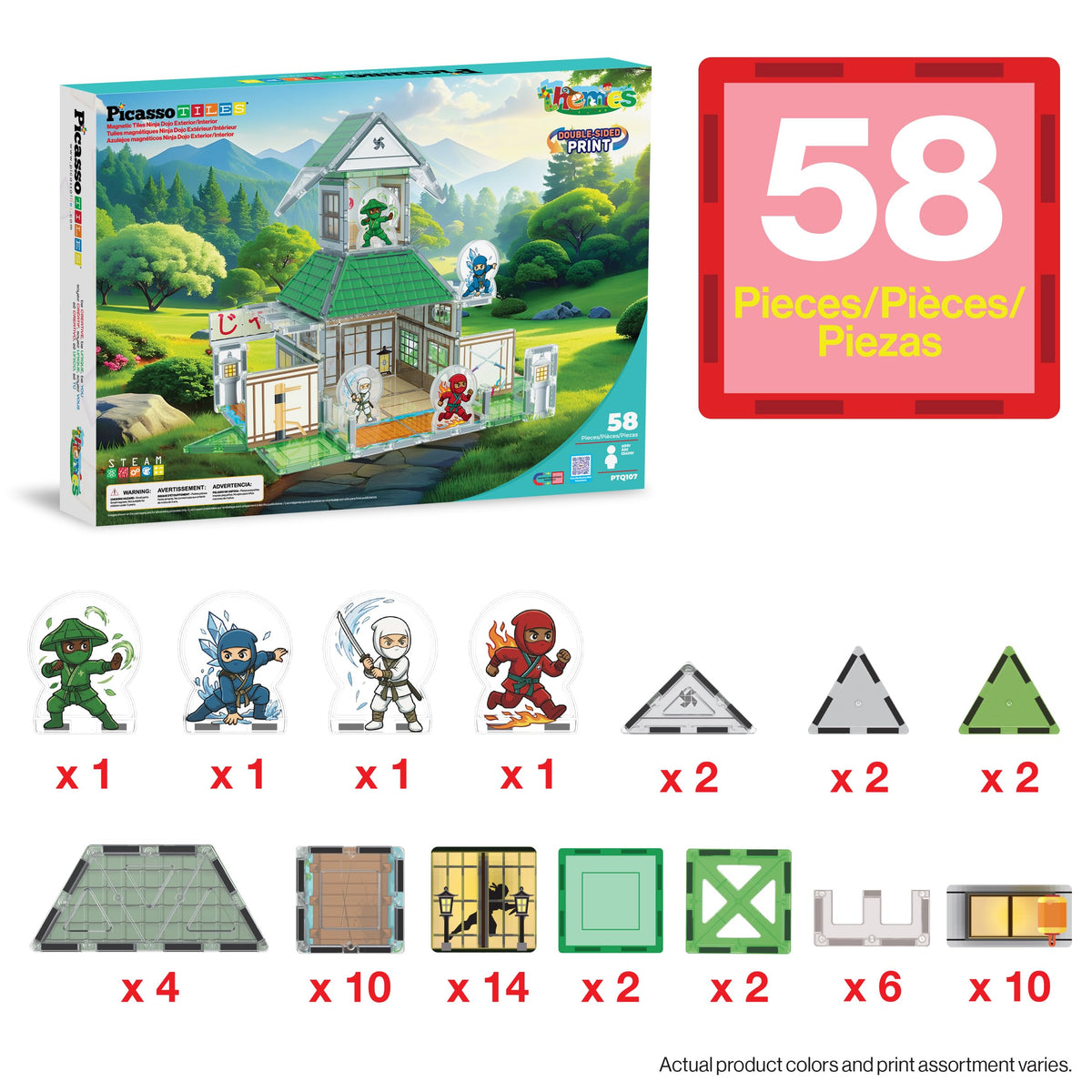 PicassoTiles Magnetic Tile Ninja Dojo Theme Set Two Sided Printed Designs Interior Exterior 3D Magnet Tiles 4 Character Ninjas STEM Education Learning