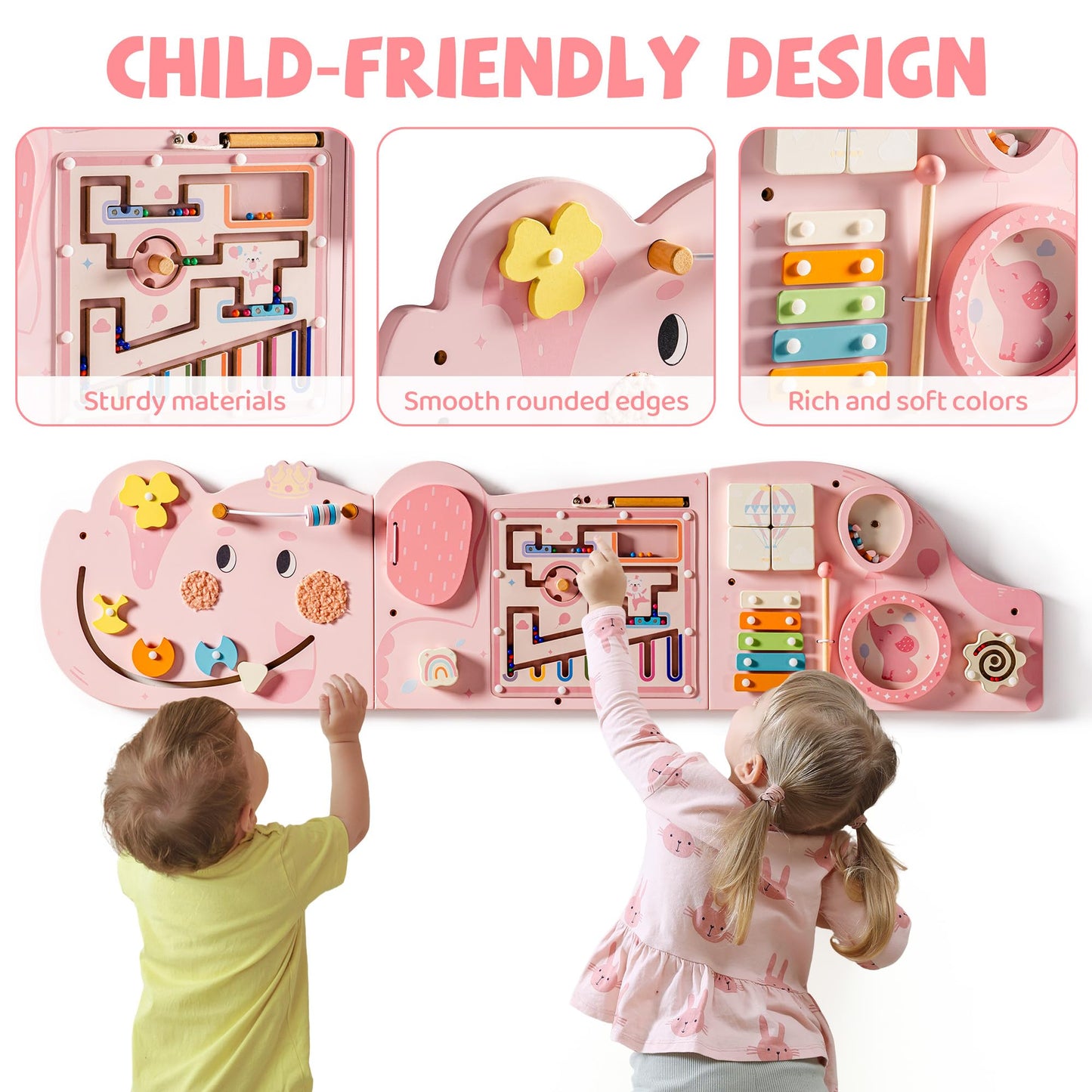 ROBUD Elephant Montessori Busy Board, 12-in-1 Activity Wall Busy Board, Montessori Sensory Wall Panel for Boys & Girls, Toddler Learning Activity