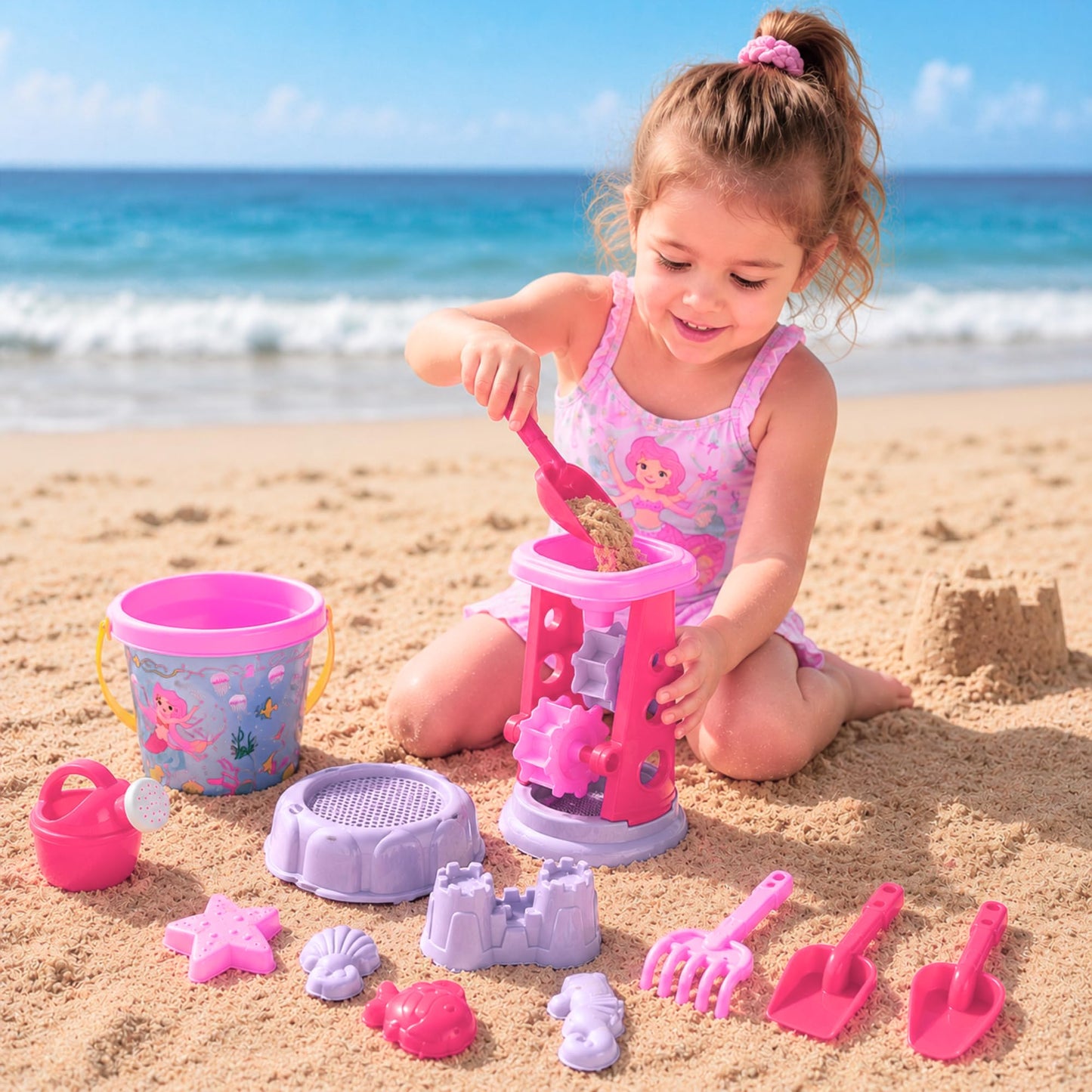 13-Piece Pink Princess Beach Sand Toy Set for Girls - Sand Playset with Sand Wheel, Mermaid Bucket, Water Pot, Shovels, Rakes, Molds & Zippered