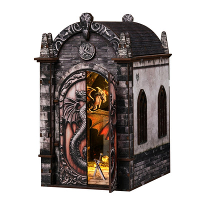 DIY Book Nook Kit, Dragons Treasure Labyrinth Miniature House Kit for Adults - 3D Wooden Puzzle Bookshelf Insert with LED Light, Touch Switch