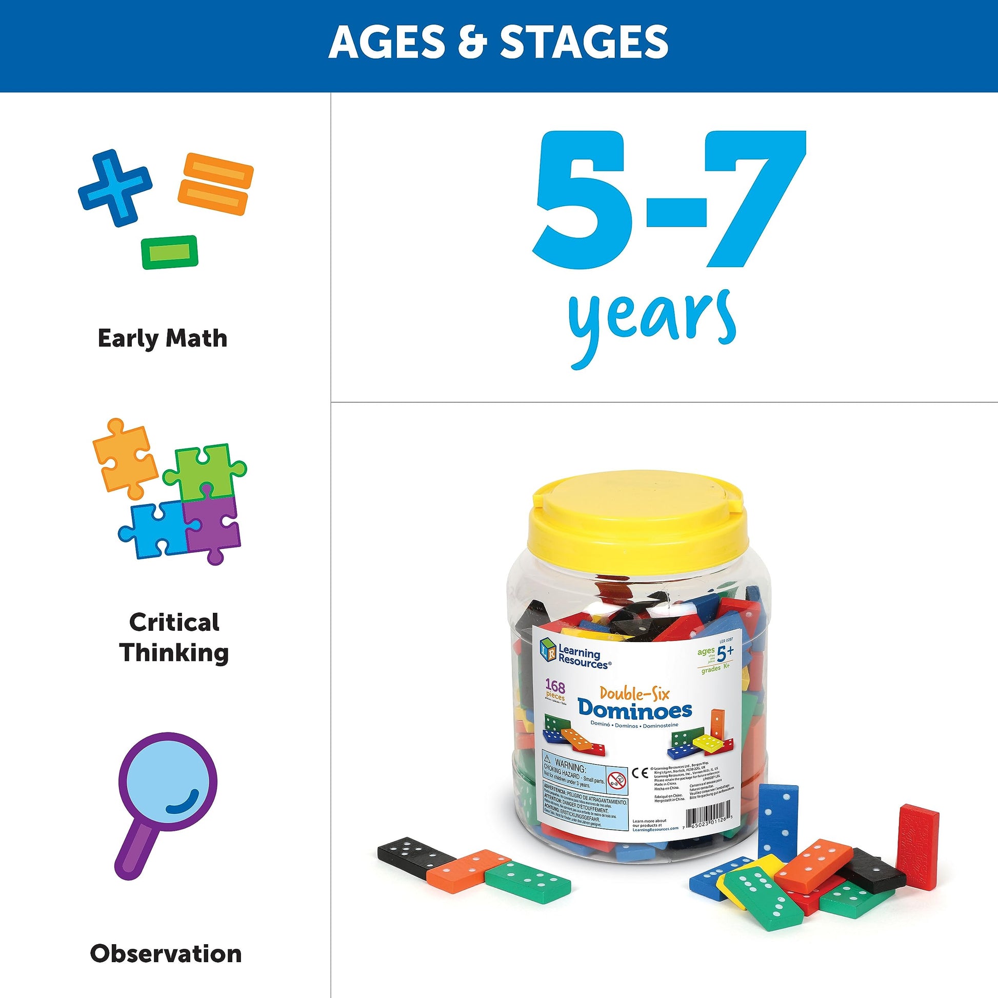 Learning Resources Double-Six Dominoes - Classroom Must Haves, Math Teaching Tools, Dominoes for Kids, Math Learning Games