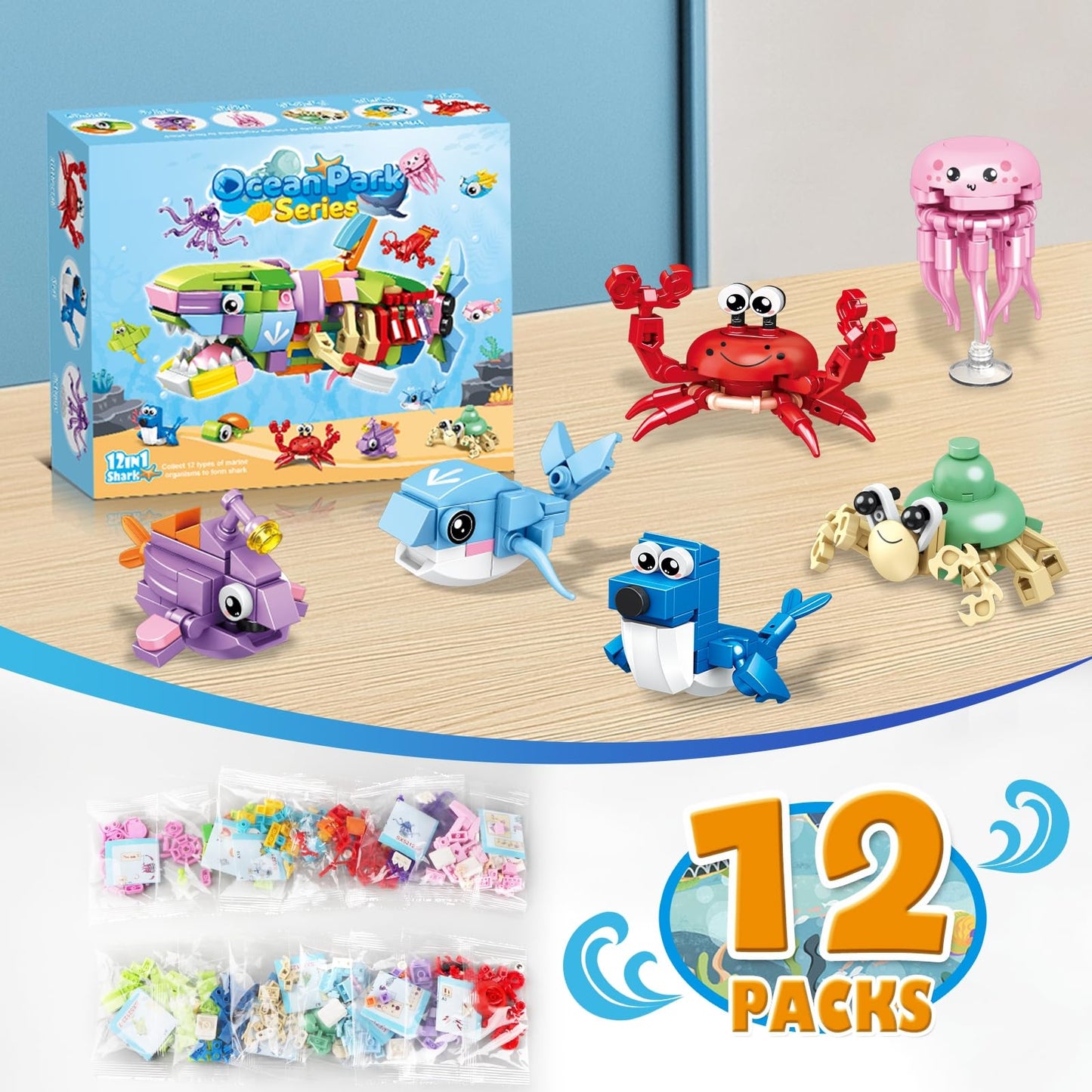 HIGH GODO 12 Pack Party Favors Building Set, 12 in 1 Shark Marine Animals Building Blocks Toy for Goodie Bag Stuffers Party Gifts, Easter Birthday