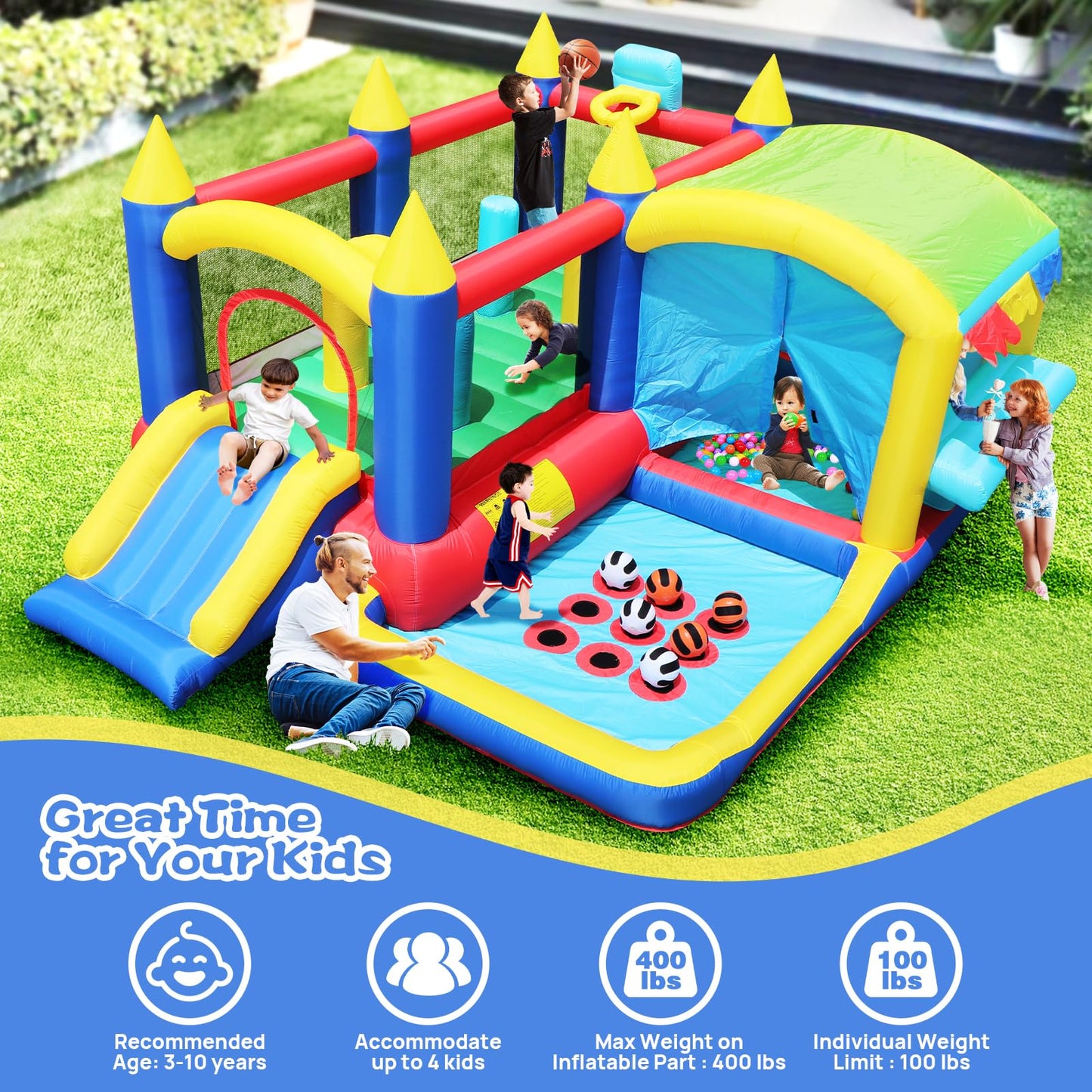 Bestsun Inflatable Bounce House for Kids, Bouncy Castle with Slide, Jumping, Basketball Hoop, Ball Pit, Family Backyard Bouncer, 520W 0.7HP Blower
