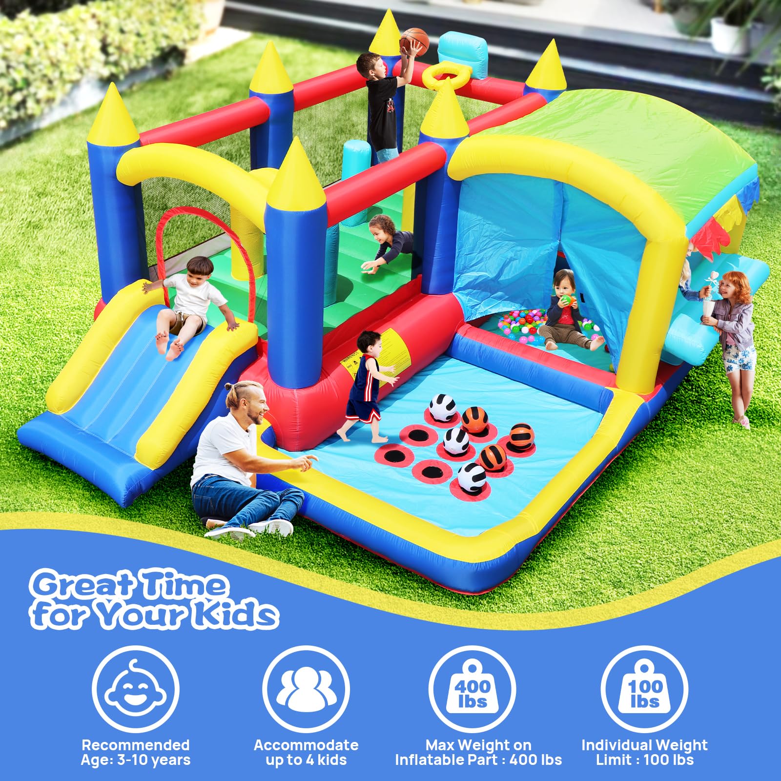 Bestsun Inflatable Bounce House for Kids, Bouncy Castle with Slide, Jumping, Basketball Hoop, Ball Pit, Family Backyard Bouncer, 520W 0.7HP Blower