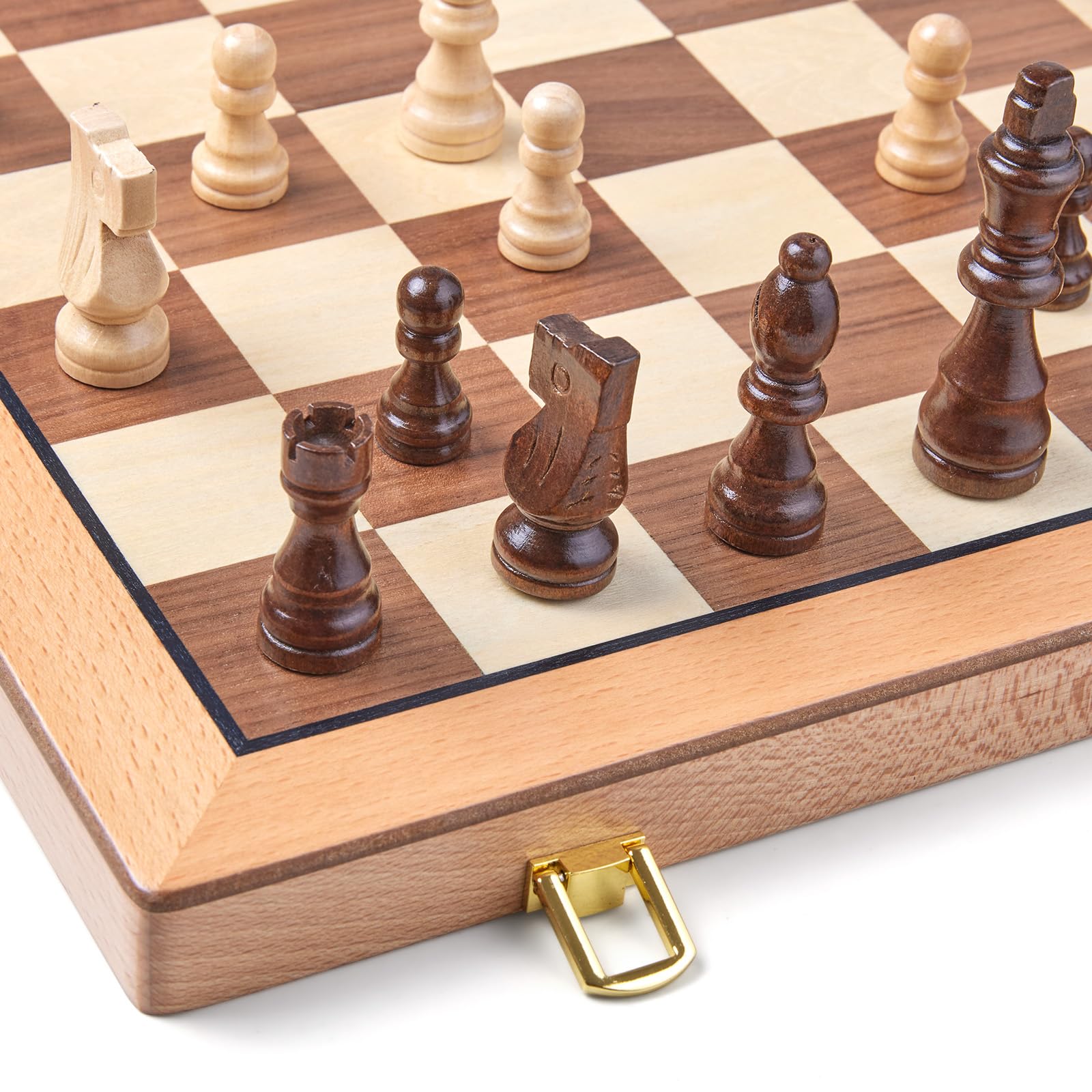 AMEROUS Magnetic Wooden Chess Set, 15 Inches Handmade Wooden Folding Travel Chess Board Game Sets with Chessmen Storage Slots for Kids and Adults, 2