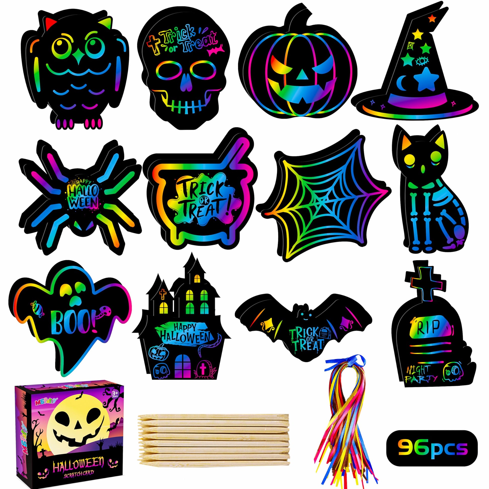 MGparty Scratch Paper Art for Kids - 96 Pcs Halloween Magic Rainbow Scratch Paper Off Cards Set for Kids Crafts Arts Supplies Halloween Party Games
