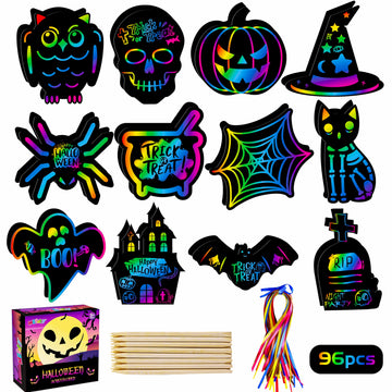 MGparty Scratch Paper Art for Kids - 96 Pcs Halloween Magic Rainbow Scratch Paper Off Cards Set for Kids Crafts Arts Supplies Halloween Party Games