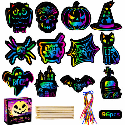 MGparty Scratch Paper Art for Kids - 96 Pcs Halloween Magic Rainbow Scratch Paper Off Cards Set for Kids Crafts Arts Supplies Halloween Party Games