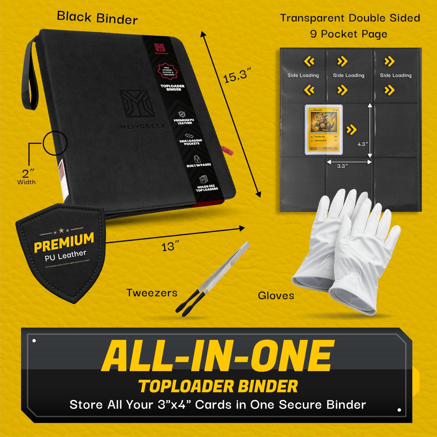 Toploader Binder | Holds 252 Toploaders | 9-Pocket | Ringless Double-Sided Pockets | Includes Collector Tweezers & Gloves | Premium Top Loader Binder