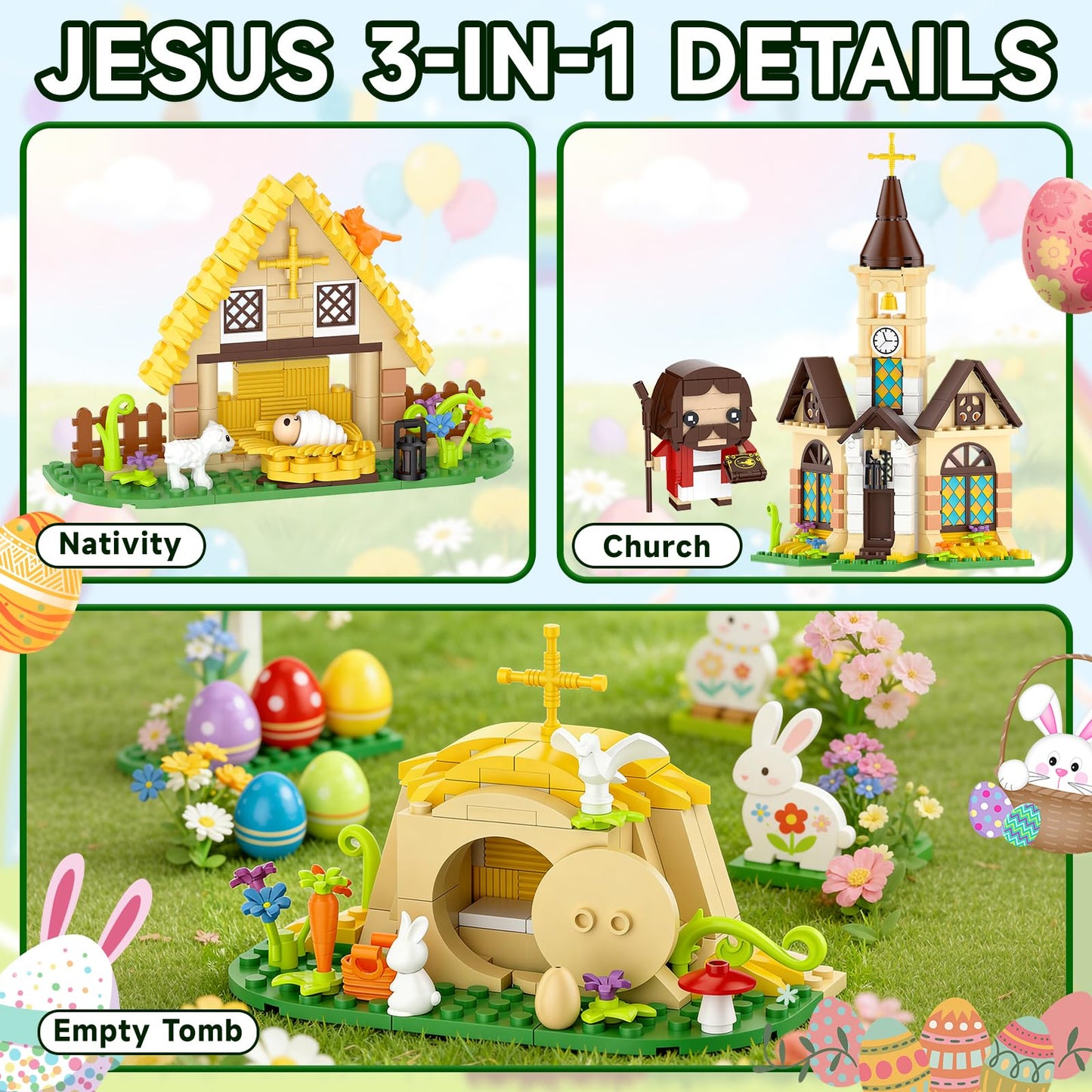Nubee Jesus Christian Nativity 3-in-1 Building Blocks Set, Jesus Resurrection & Church Easter Decor, Religious Building Toy, Christian Gifts, Easter