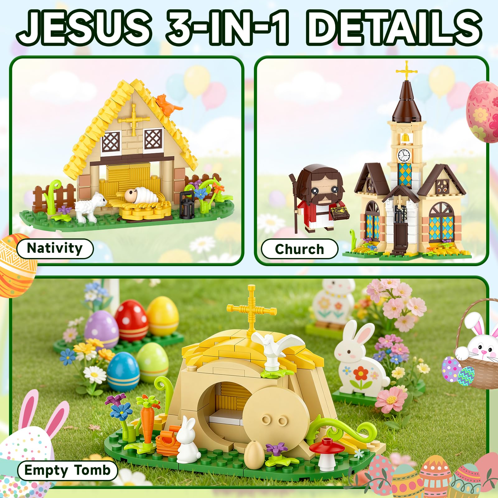 Nubee Jesus Christian Nativity 3-in-1 Building Blocks Set, Jesus Resurrection & Church Easter Decor, Religious Building Toy, Christian Gifts, Easter