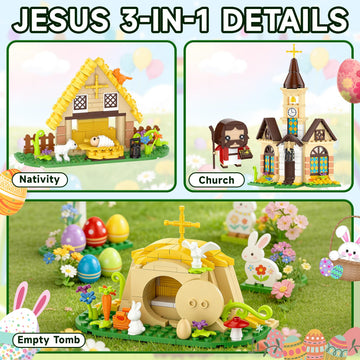 Nubee Jesus Christian Nativity 3-in-1 Building Blocks Set, Jesus Resurrection & Church Easter Decor, Religious Building Toy, Christian Gifts, Easter