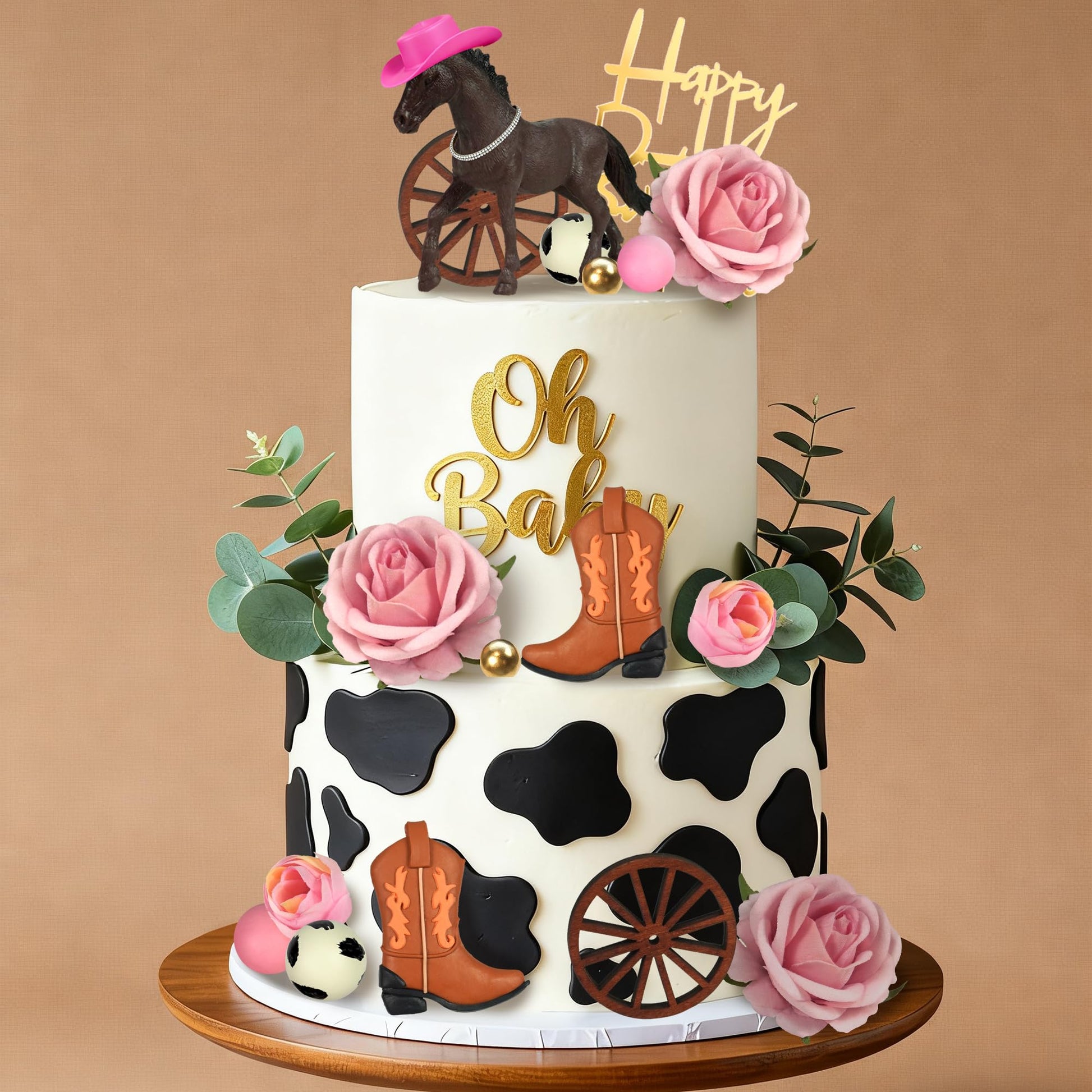 Cowgirl Cake Topper Pink Ball Horse Boho Flower Grass Artificial Eucalyptus Cake Decorations for Western Theme Cowgirl Birthday Pink Flower Horse