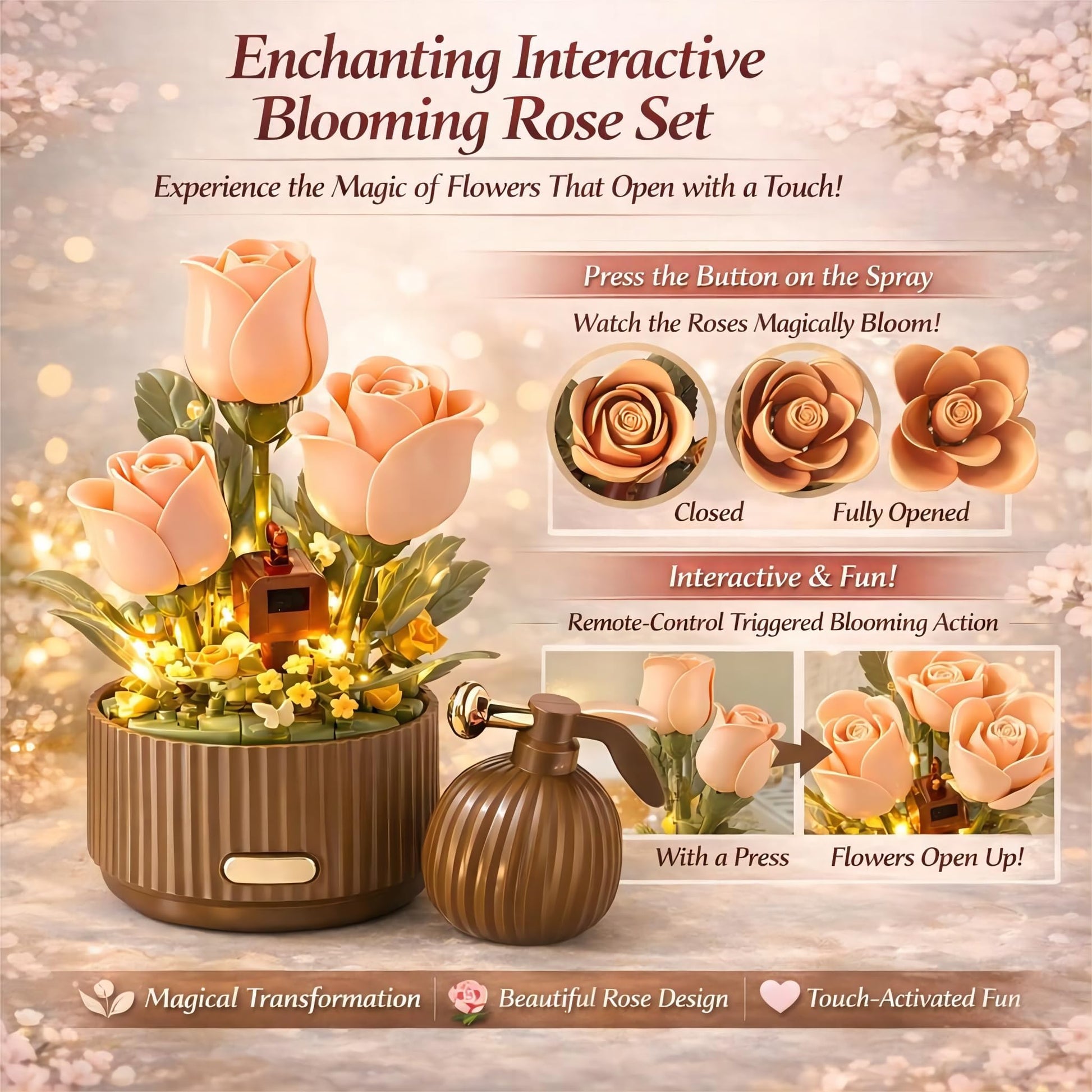 Electric Flower Bouquet Building Set 255PCS - Motorized Blooming Roses Flowers Botanical Kit, DIY Bonsai Style Bouquet of Flowers - Unique STEM Gift