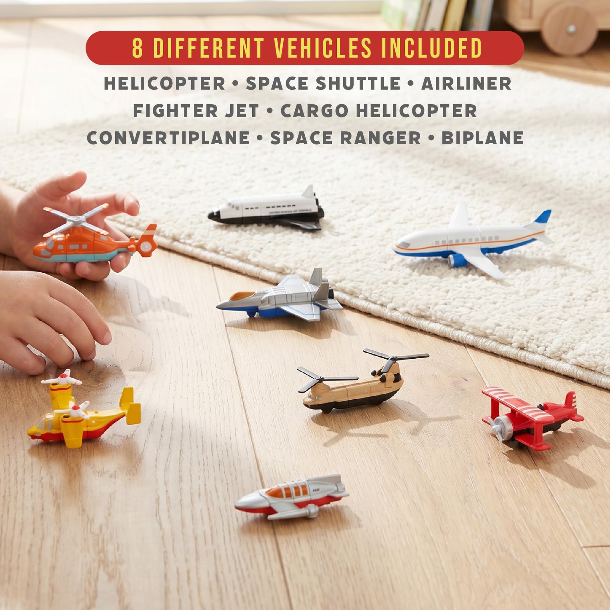 Popular Playthings Magnetic Vehicles for Toddlers 1-3, Mini Mix or Match Car Toys, Set of 8 Gift for Kids - Aircraft Airplane with Playmat