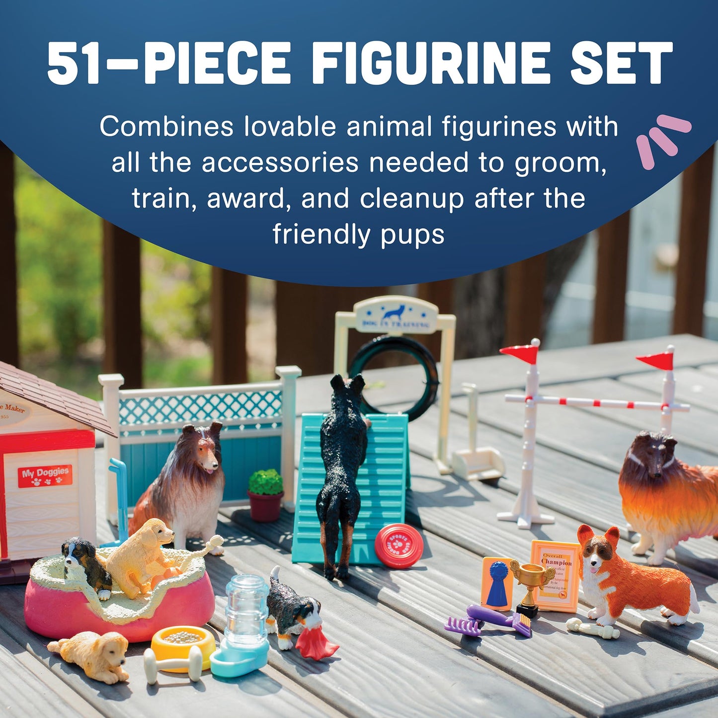 CP Toys Kids 51-Piece Dog Academy Playset with Plastic Toy Dog Figurines, Pretend Play Animal Toys with Dogs, Puppies, and Accessories for Kids Ages
