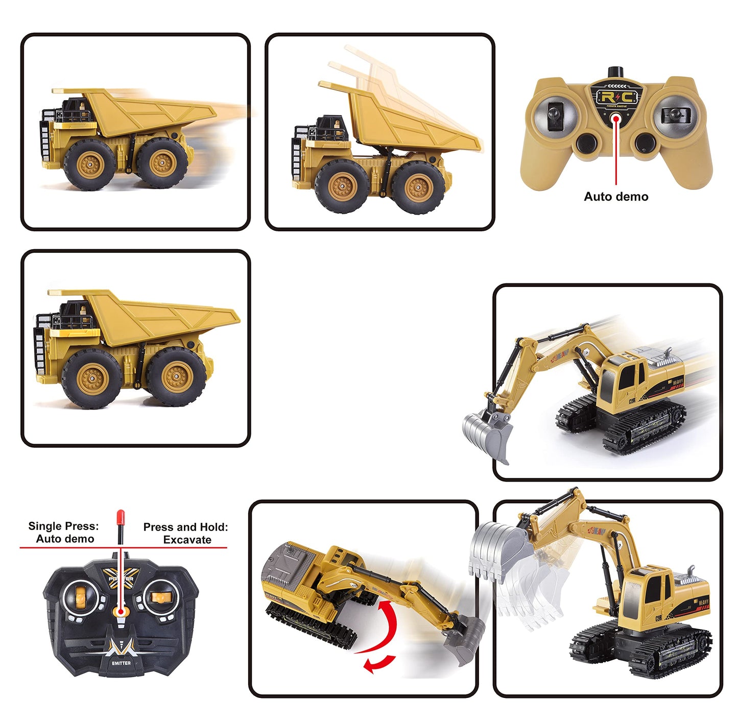 JOYIN 2 PCS Remote Control Construction Vehicle Toy Set, Friction-Powered RC Excavator & RC Dump Truck with Lights and Sounds for Imaginative Play