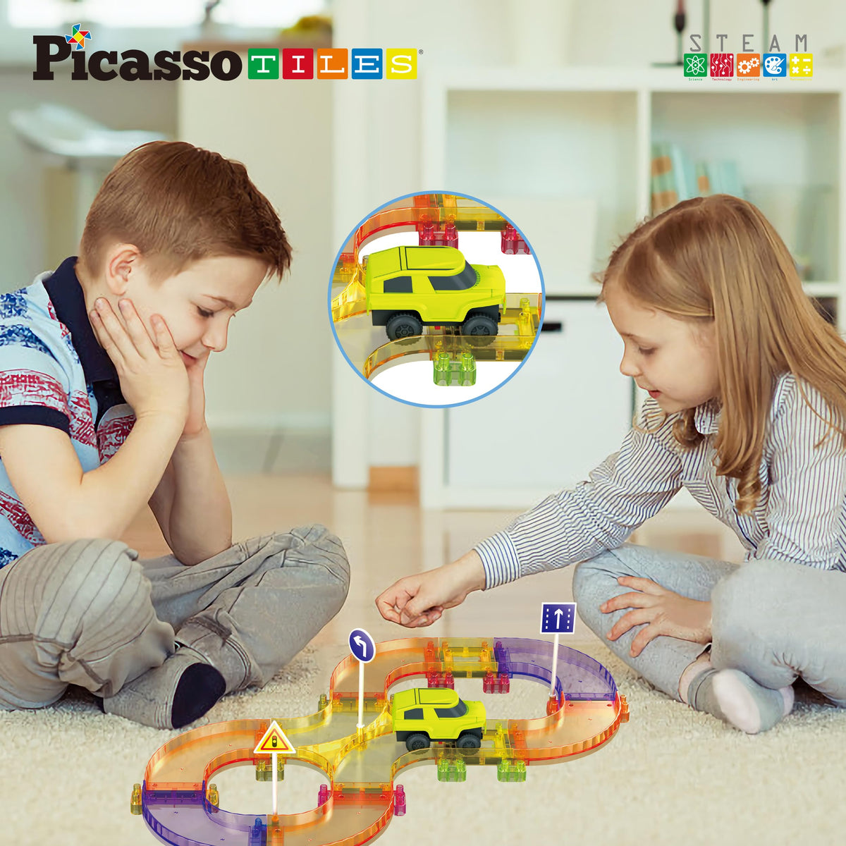 PicassoTiles Race Car Track Magnetic Tiles Travel Toy Sensory Magnet Tile Toys for Toddlers STEM Educational Learning Montessori Play Construction