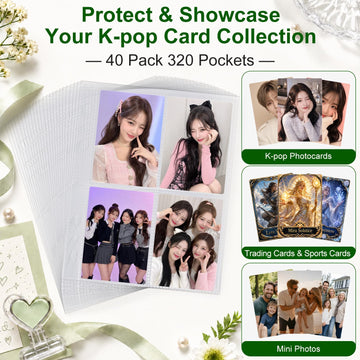 40 Pack 320 Pockets 6 Ring A5 Binder Sleeves,2.5x3.5”Photocard Sleeves,Double-Sided 4 Pocket Kpop Photocard Page Protector,Ultra-Clear Trading Card