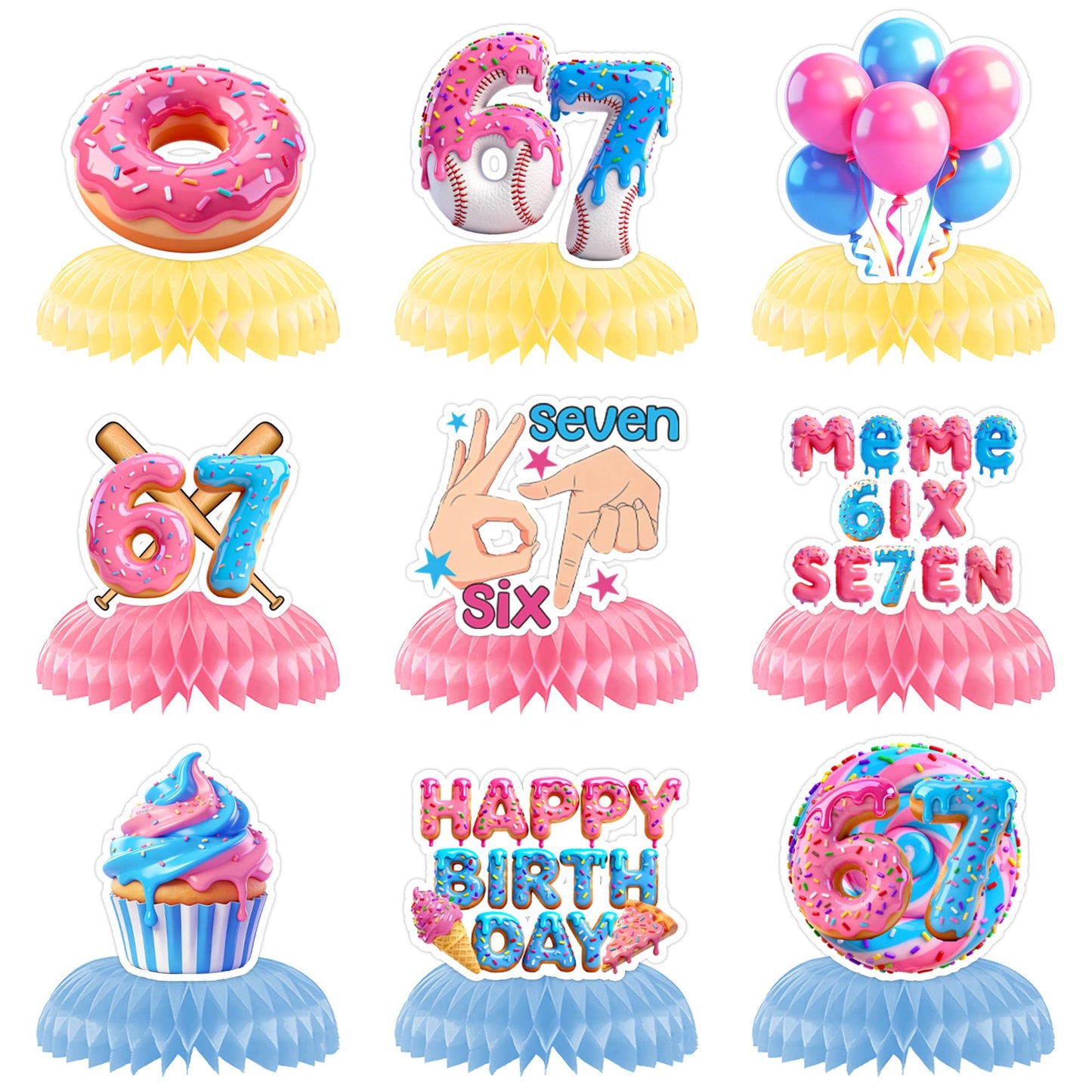 9Pcs 67 Honeycomb Table Centerpieces - 6 7 Meme Themed Birthday Decorations Set, Viral Party Decoration Supplies