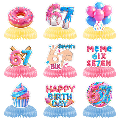 9Pcs 67 Honeycomb Table Centerpieces - 6 7 Meme Themed Birthday Decorations Set, Viral Party Decoration Supplies