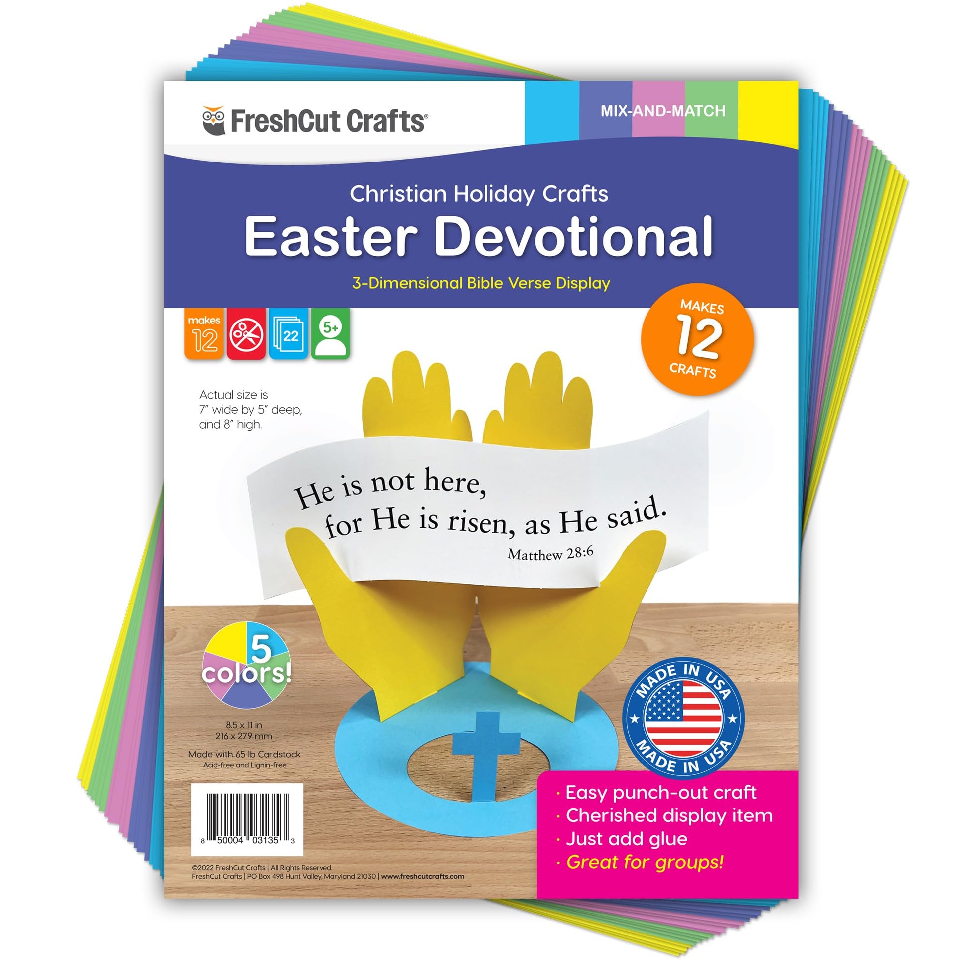 FreshCut Crafts Easter Devotional Matthew 28:6 "He is Risen Punch-Out Paper Bible Craft Kit 12 Pack: Creative Easter Verse & Color Creation Ideas