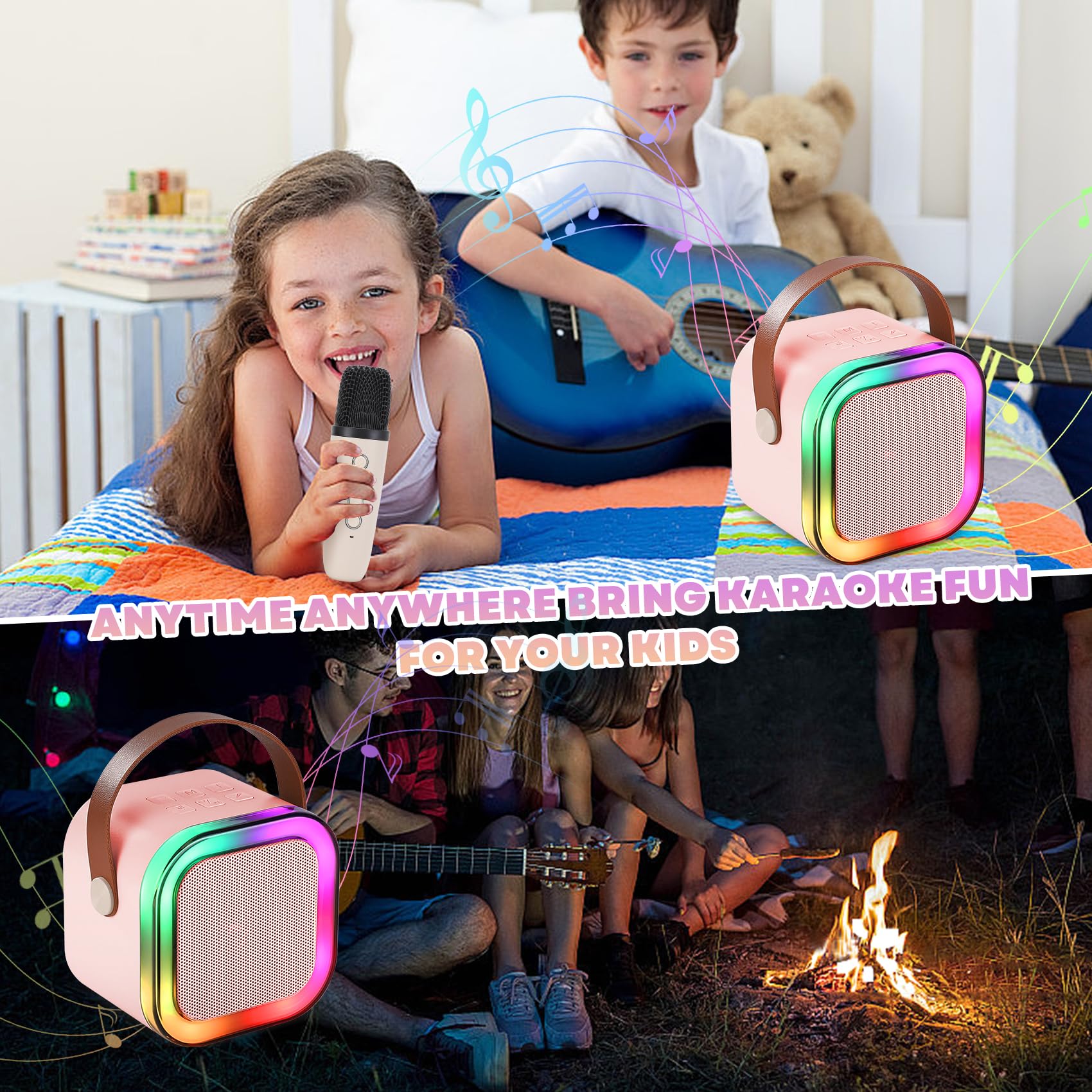 Mini Karaoke Machine, Portable Bluetooth Karaoke Speaker with 2 Wireless Microphones and Light for Family Home Party,Toys for Girls Boys Friends Age