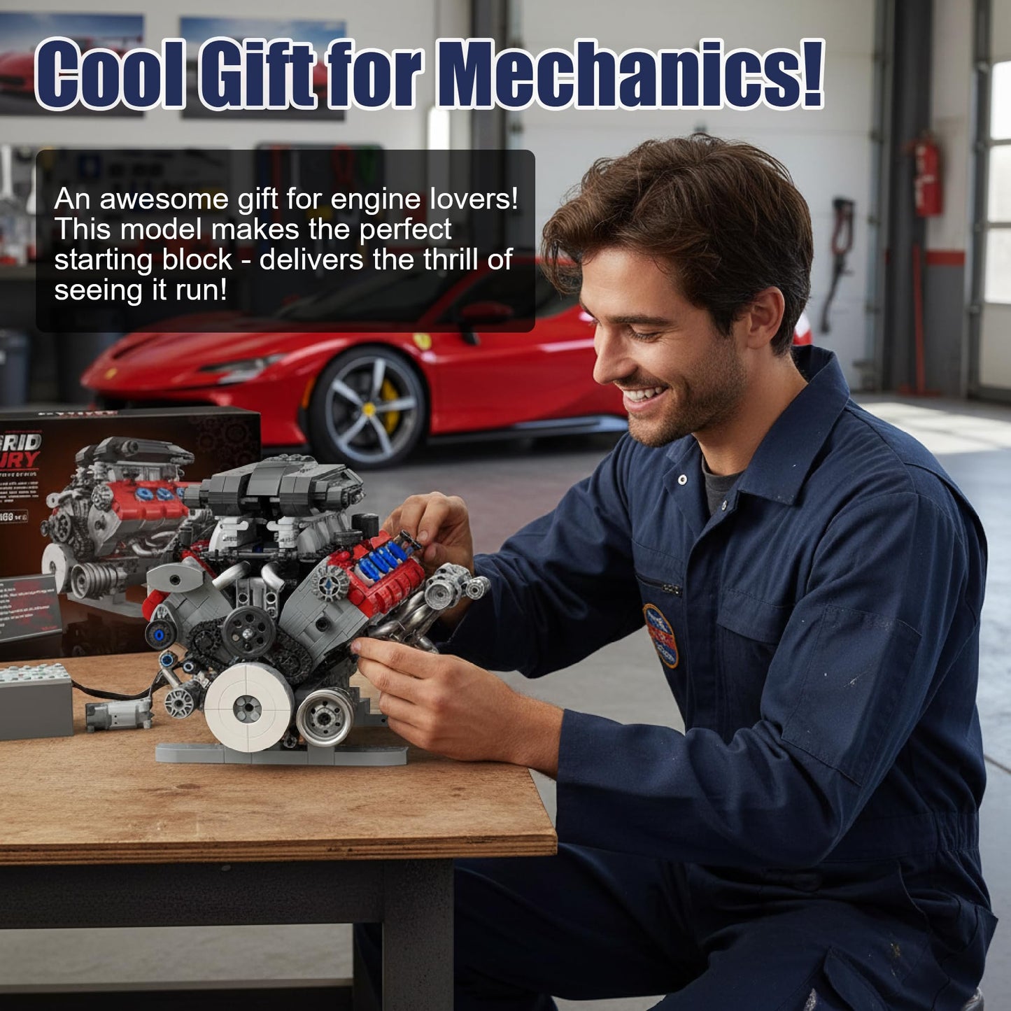 HUNKING V8 Engine Building Set for Adults, Build Your Own MOC Mini V8 Engine STEM Model Toy with Motor, Model kit that Run, Car Engine Building Blocks