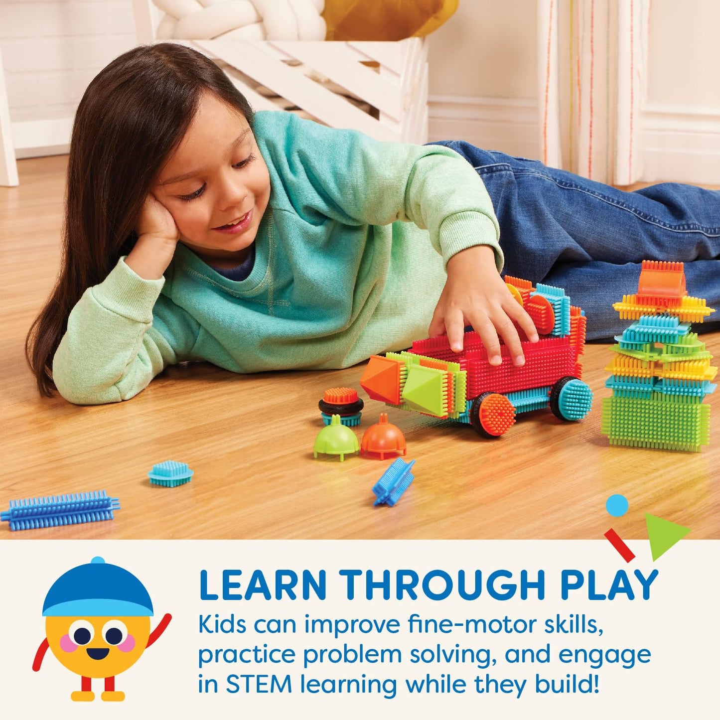 Battat - Bristle Blocks - STEM Interlocking Building Blocks - 50 Pieces Playset - Developmental Toys for Toddlers & Kids - Basic Builder Bucket - 2+