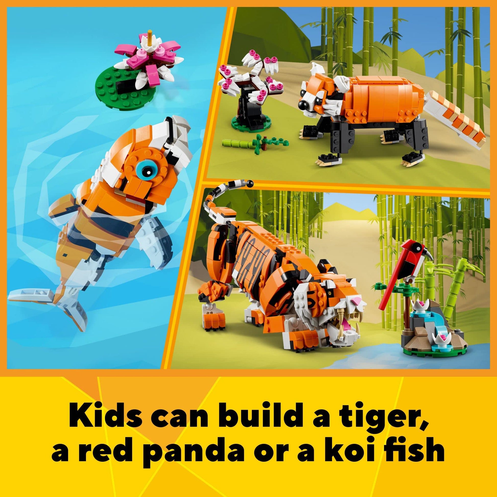 LEGO Creator 3 in 1 Majestic Tiger Building Set, Transforms from Tiger to Panda or Koi Fish Set, Animal Figures, Collectible Building Toy, Gifts