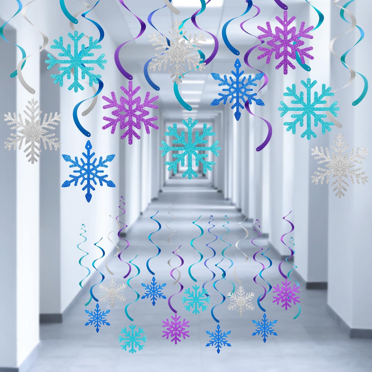 20 Pcs Winter Snowflake Hanging Swirl Decorations - Snowflake Hanging Ceiling Streamers Blue Silver Purple Garland Ornament for Frozen Winter