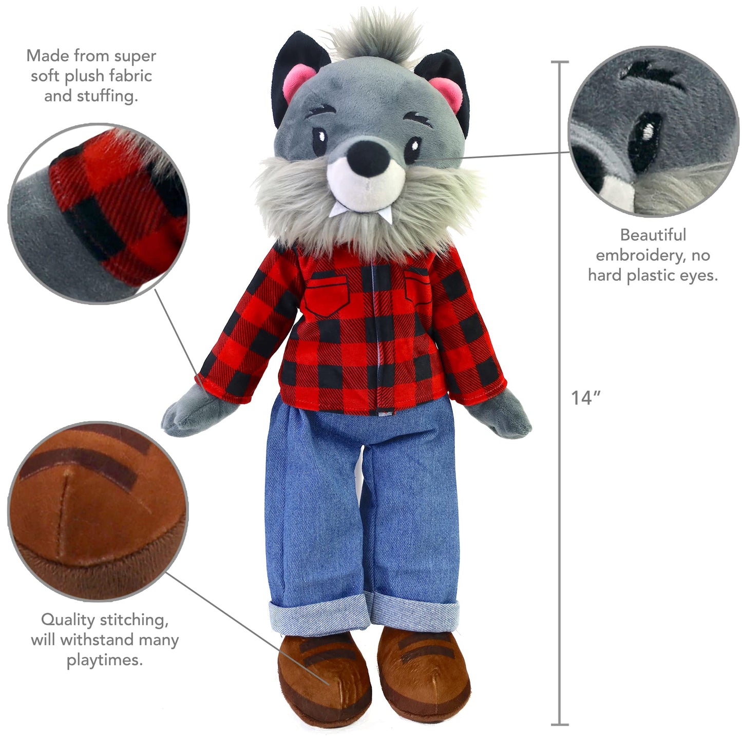 Playtime by Eimmie Soft Baby Doll Walter The Wolf - 14" Plush Rag Doll with Embroidered Features for Girls, Boys, Toddlers & Infants - Educational