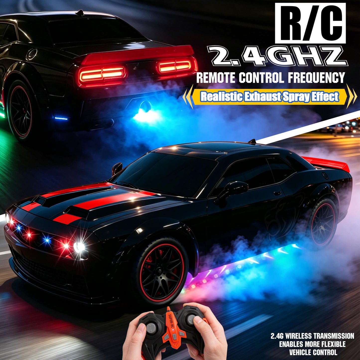 SYUUKH Remote Control Car 1:14 Scale RC Cars with Spray Effect, LED Lights & Realistic Sound, 2.4GHz Racing Toy with Controller, Christmas Birthday
