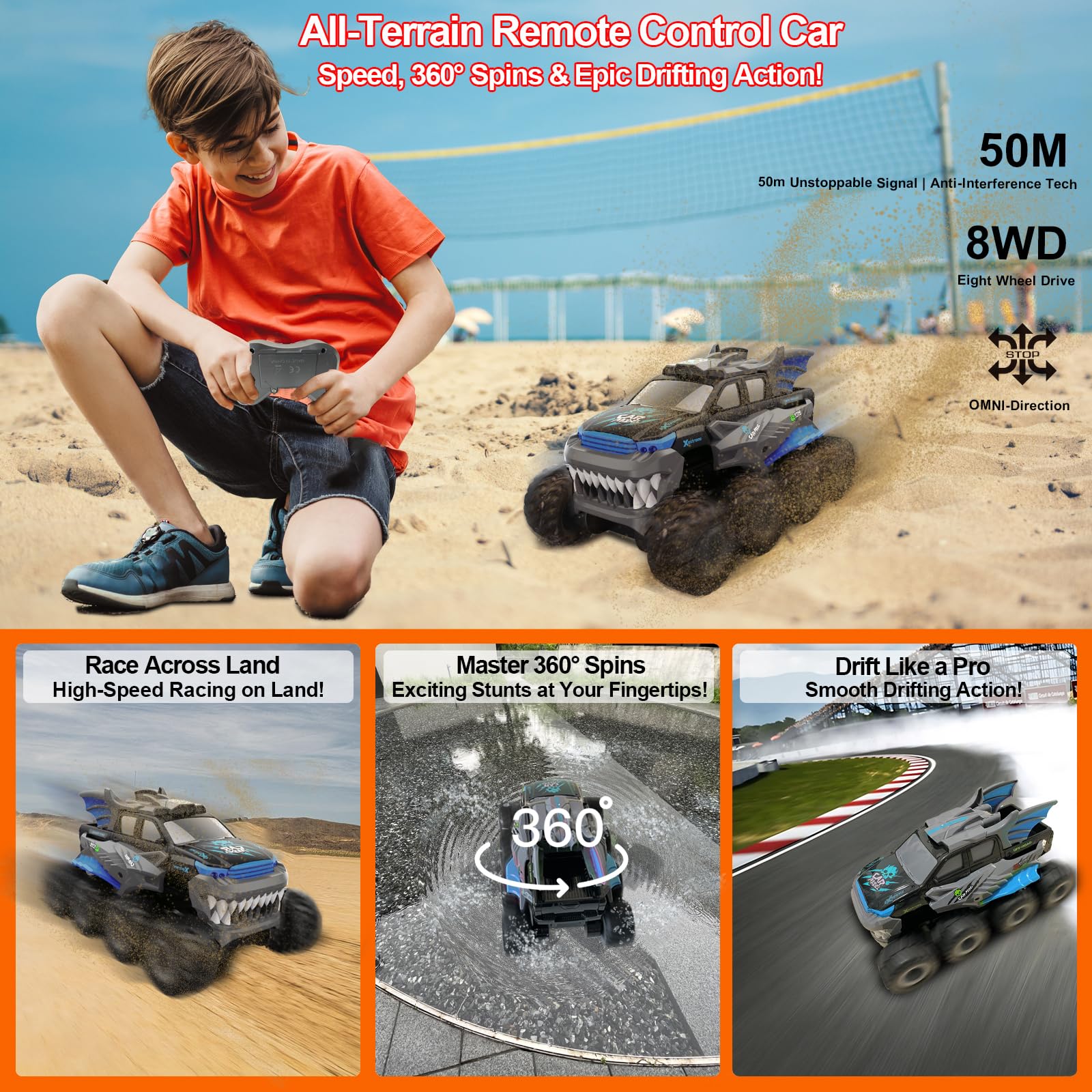 UFULMN Amphibious Remote Control Car 8WD RC Monster Truck for Boys Age 8-12 Offroad Waterproof RC Pickup All Terrain RC Drift Cars Beach Pool Toys